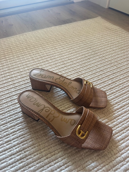 Sam Edelman Shoes - Sam Edelman Tan Woven Slide Heels with Gold Buckle